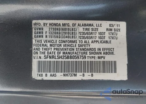 2011 Honda Odyssey Lx from USA, damaged, VIN 5FNRL5H25BB059759